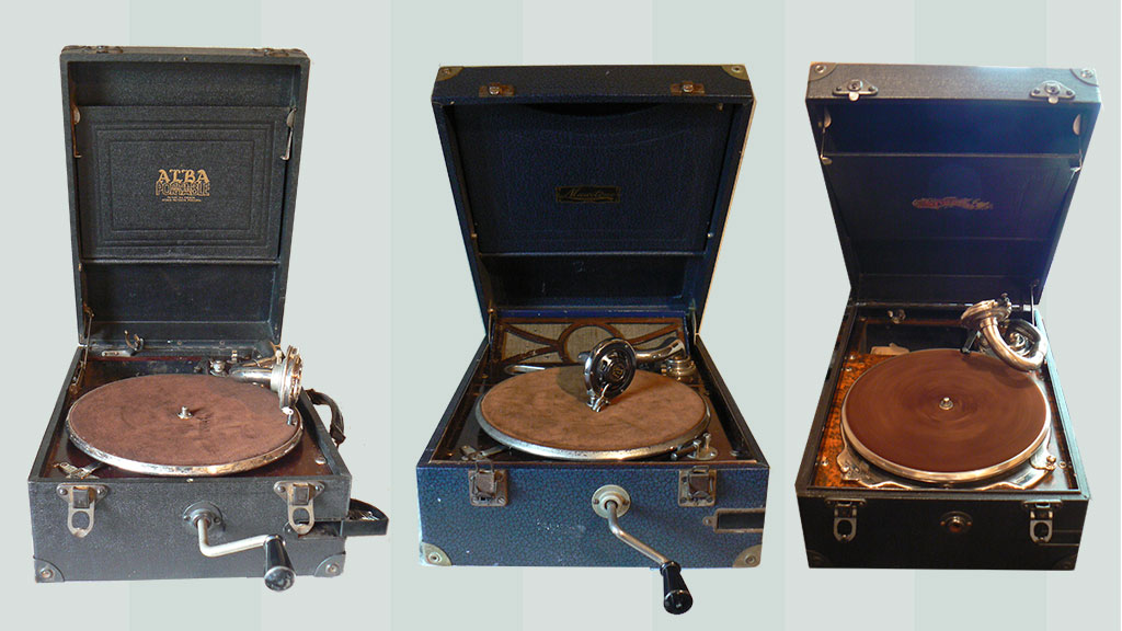 Alba portable - early 1930's, 'Maxitone' portable - mid 1930's and 'Special' portable with fake walnut motorboard.